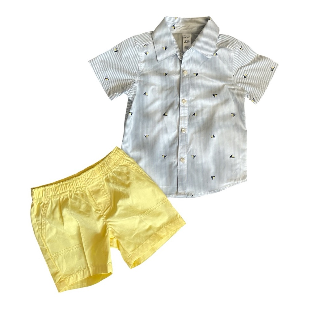 Carter's Yellow toddler shorts and matching button up shirt, size 24 mo